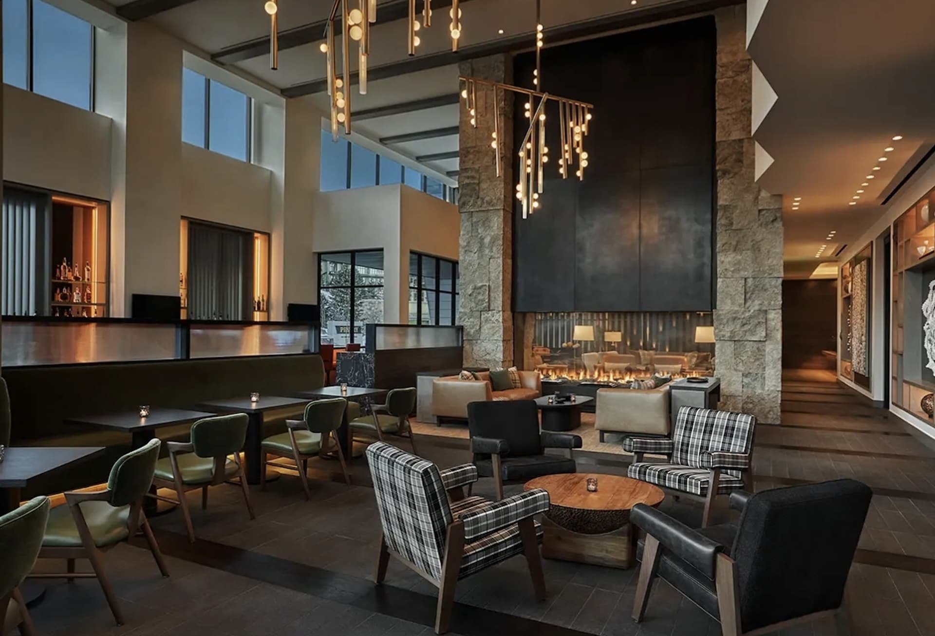 The double-height lobby lounge and fireplace at The Pendry